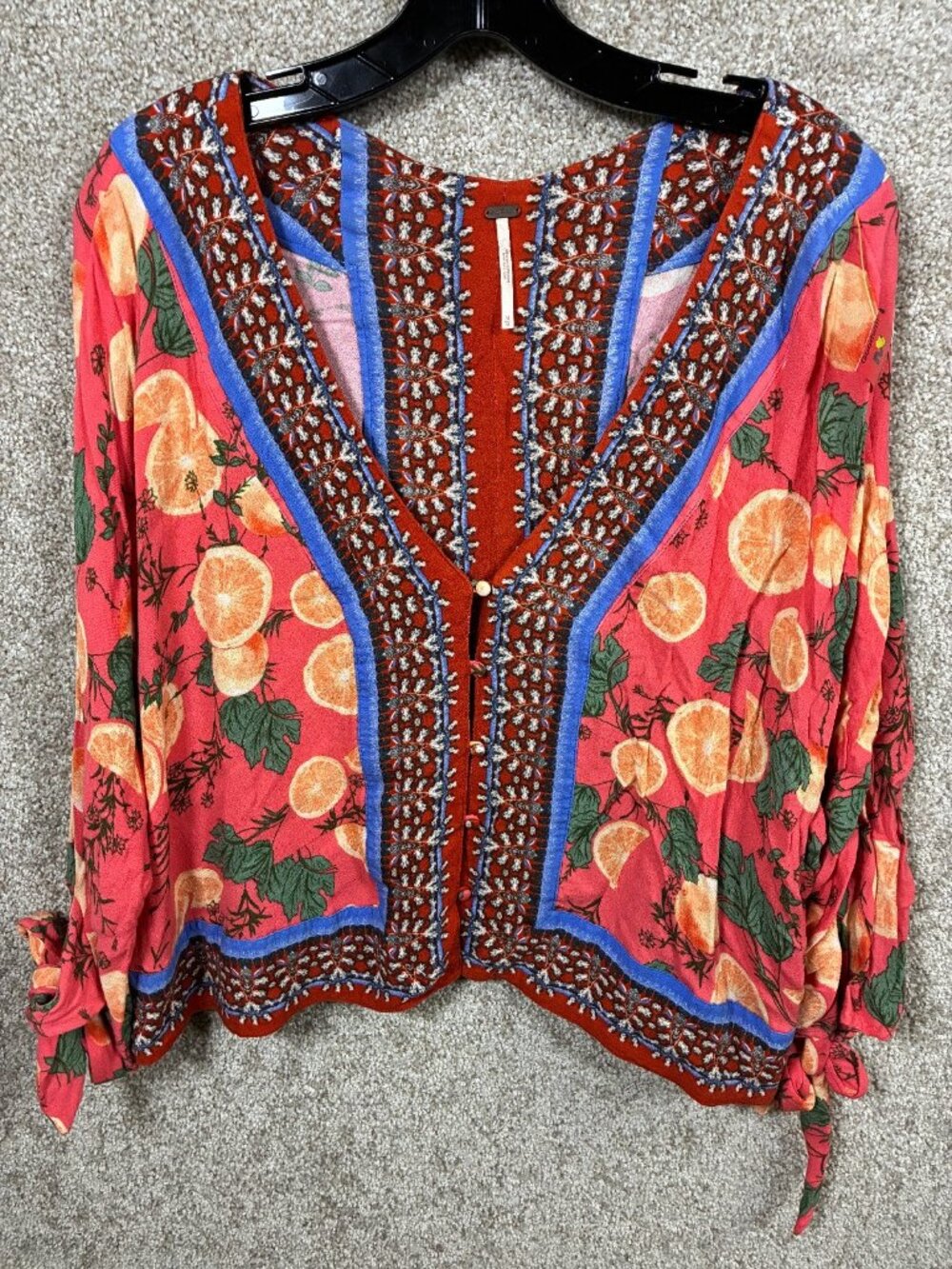 Free People Womens M Orange Citrus Print Boho Mixed Print Tie Sleeve eclectic